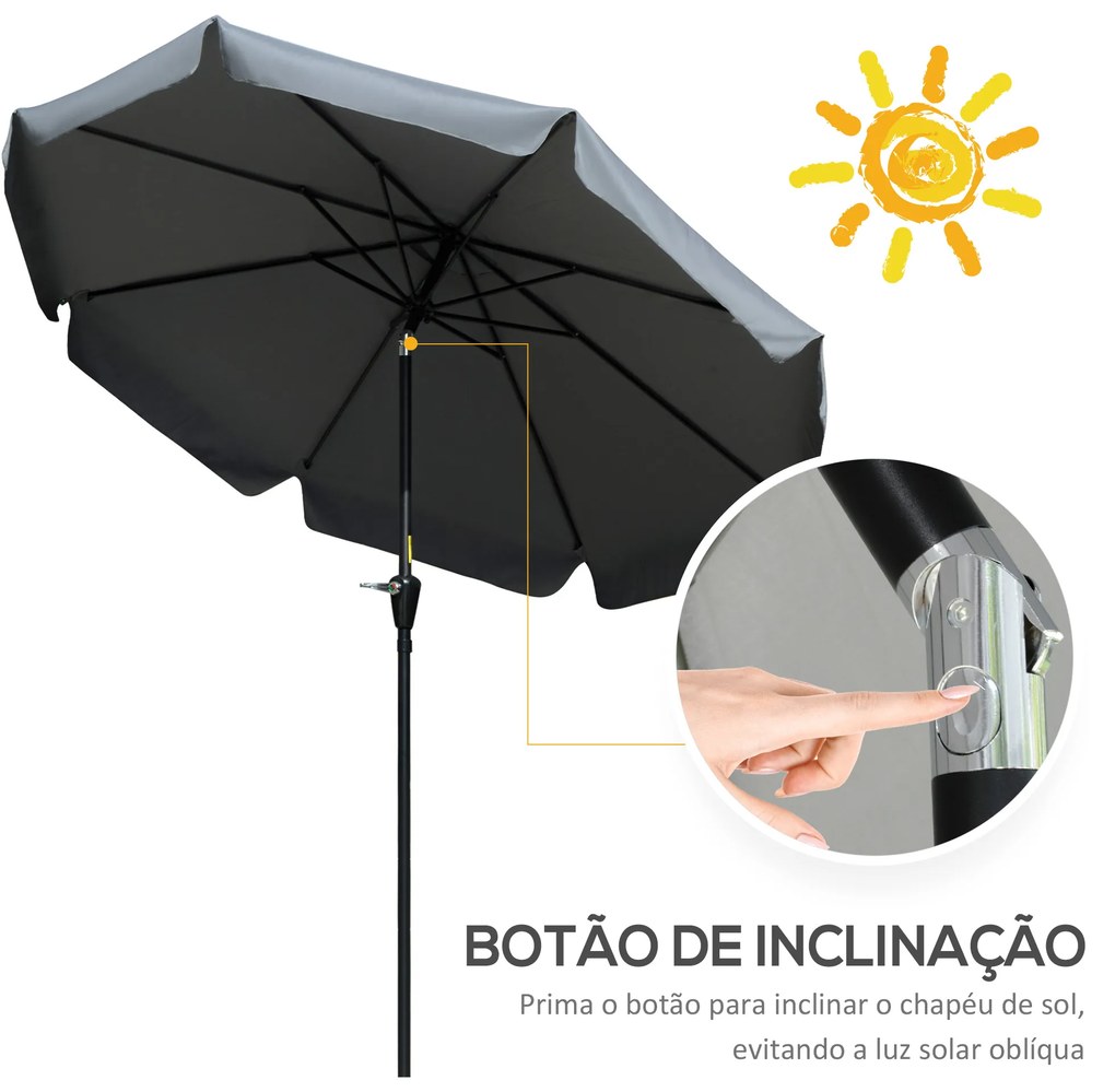 Chapéu de Sol de Jardim Ø266x248,5 cm Proteção UV50+ Chapéu de Sol de Alumínio Inclinável com Teto de Ventilação Cinza Escuro