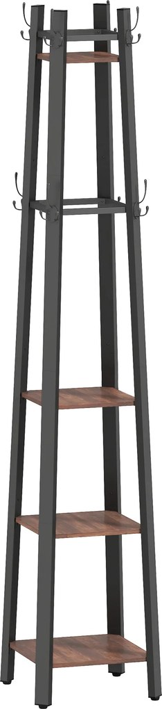 HOMCOM Cabideiro com 4 níveis, cabideiro independente, 8 ganchos, 4 prateleiras, estilo industrial, Metal, Painel de partículas, Castanho | Aosom Portugal
