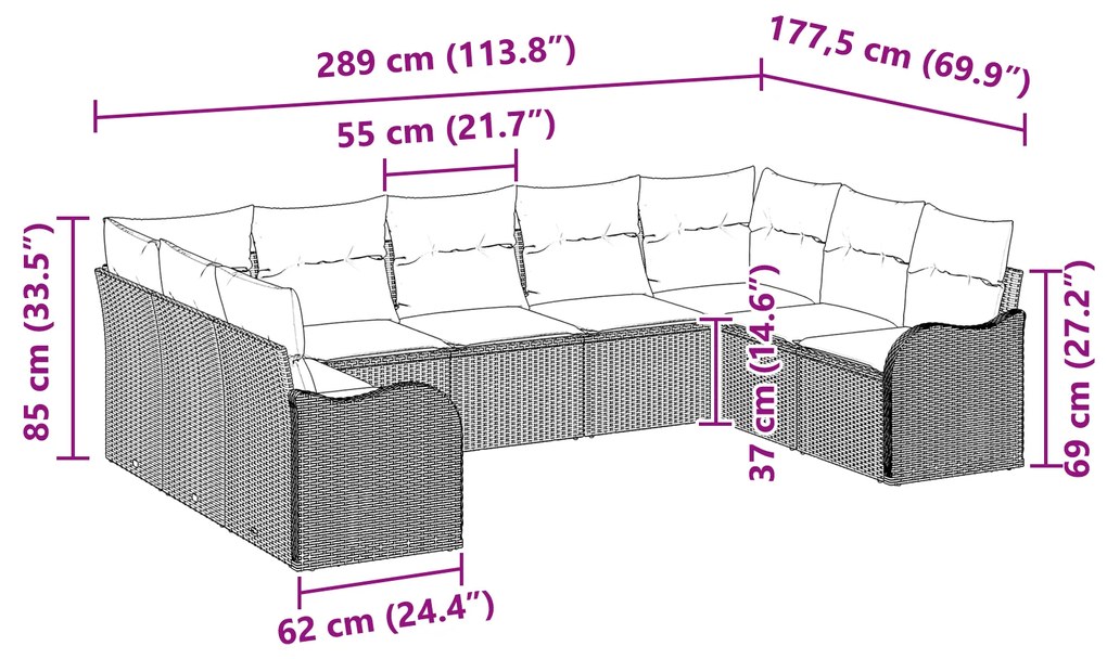 Conjunto de Sofá de Jardim vidaXL 9 Peças com Almofadas Castanho Vime