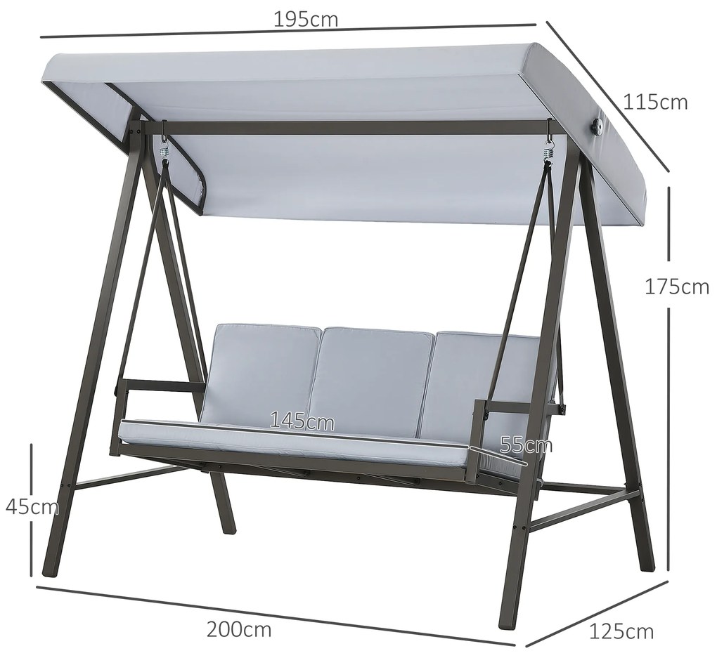 Baloiço de Jardim de 3 Lugares com Toldo Ajustável Almofadas Removíveis e Estrutura de Aço 200x125x175 cm Cinza
