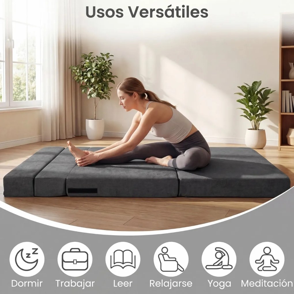 Sofá-cama futon dobrável grande 3 em 1 com 2 almofadas, tecido de chenille , para sala, quarto ou escritório cinzento