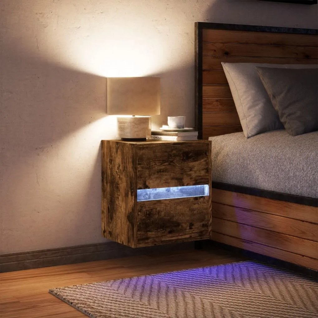 Mesa de cabeceira de parede com luzes LED carvalho fumado