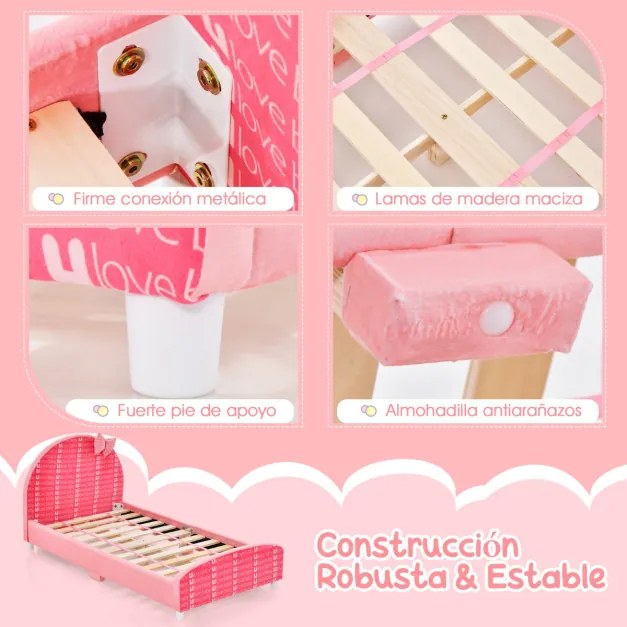 Cama infantil Estrutura de cama infantil com cabeceira e estribo macios para meninas com 6 pés estáveis ajustáveis 152 x 77 x 70 cm rosa