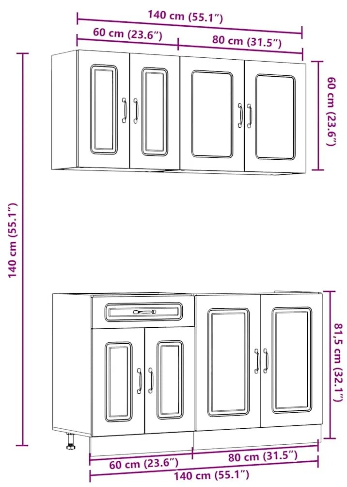 4 peças armário de cozinha conjunto Kalmar concreto cinza