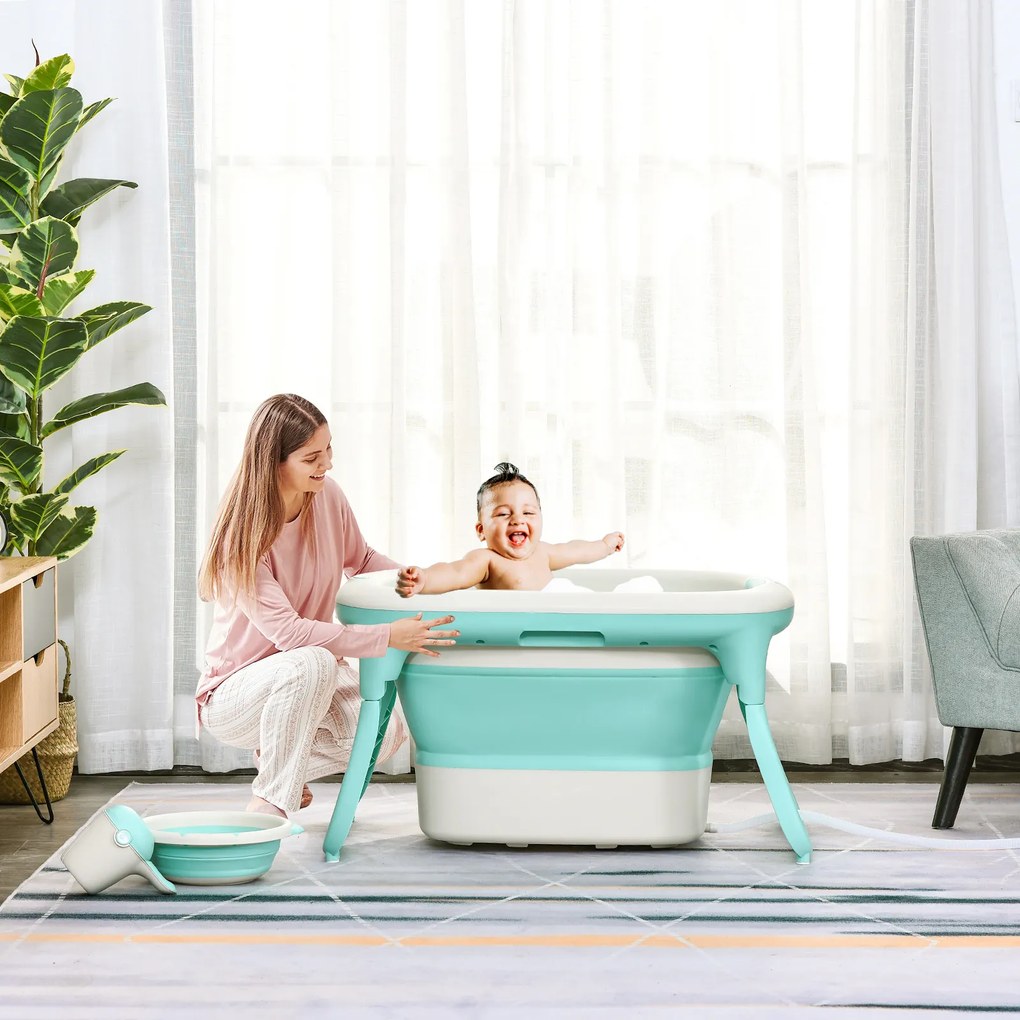 HOMCOM Banheira dobrável e portátil para bebê com recipiente para xampu bacia e banco conjunto de 4 peças de banho81,5x60x46,5 cm Verde