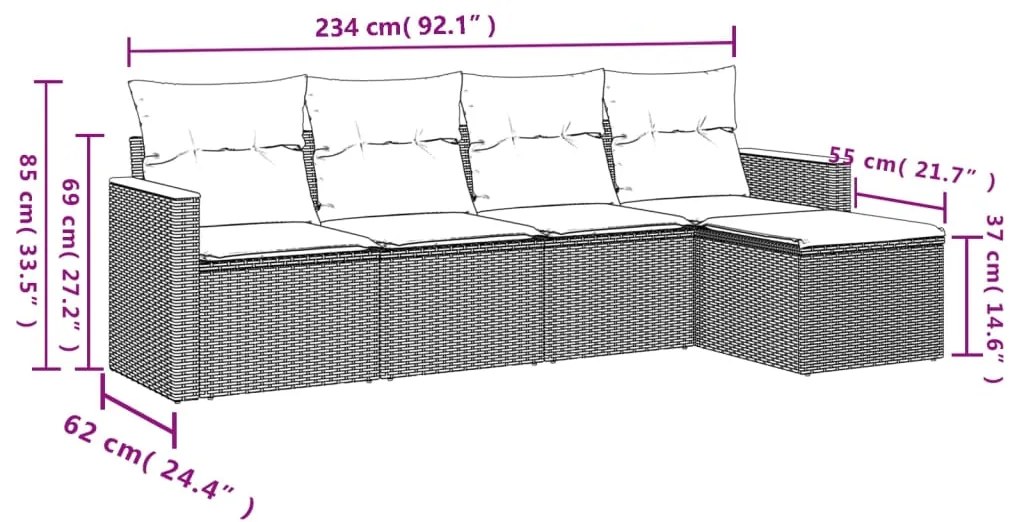 5 pcs conjunto sofás de jardim c/ almofadões vime PE cinzento