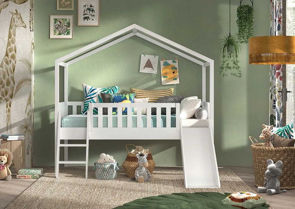 Cama infantil de Casa Alta DALLAS Com Escadas +  Escorrega Branca