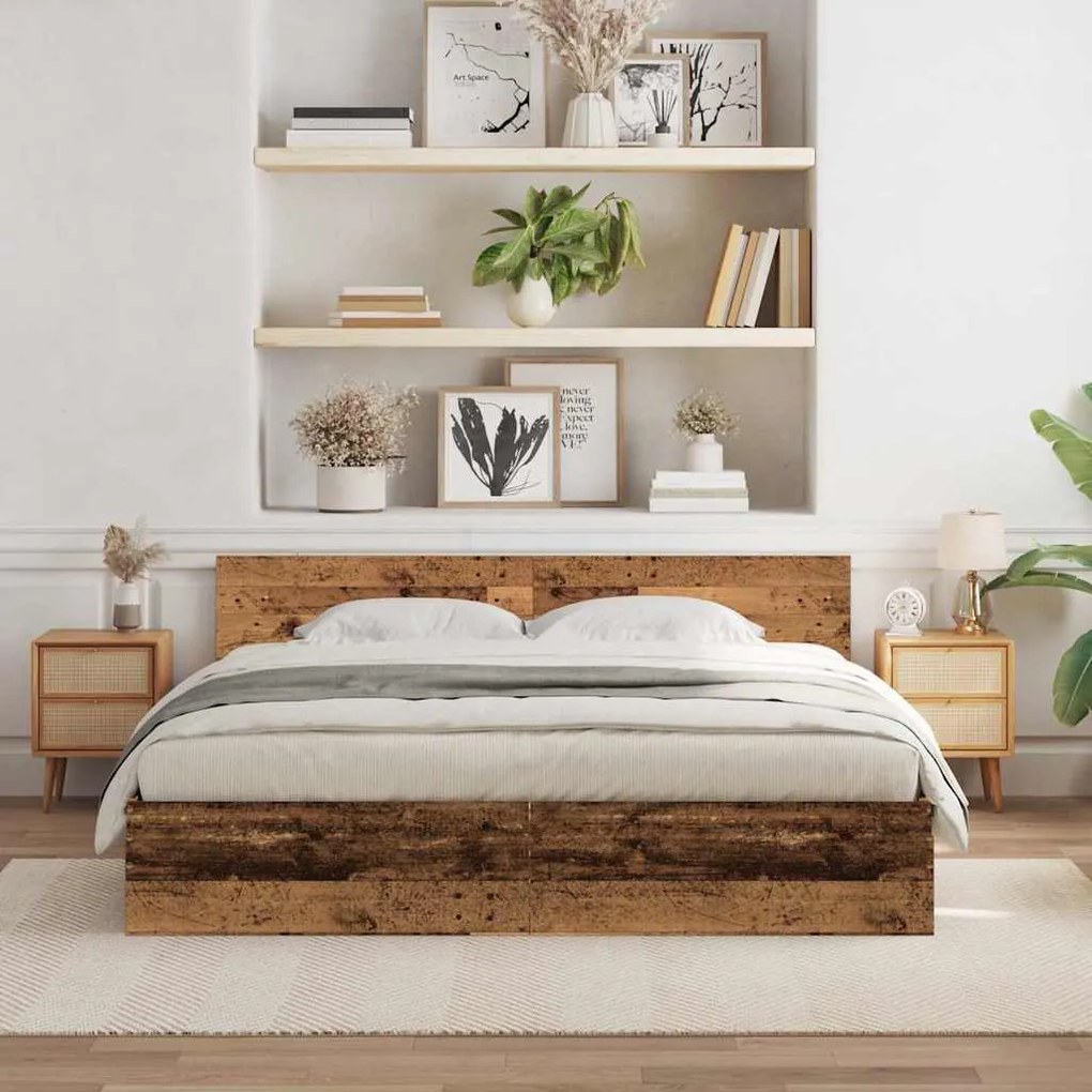 Cama com cabeceira - Madeira velha - 180 x 200 cm - Estrutura de madei