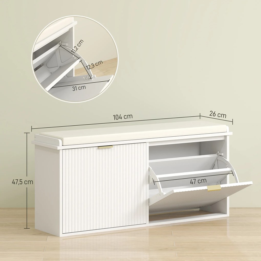 Banco Sapateira Móvel Sapateira Estreito com Assento Estofado 2 Caixas Rebatível e Painel de Ripas 104x26x47,5 cm Branco