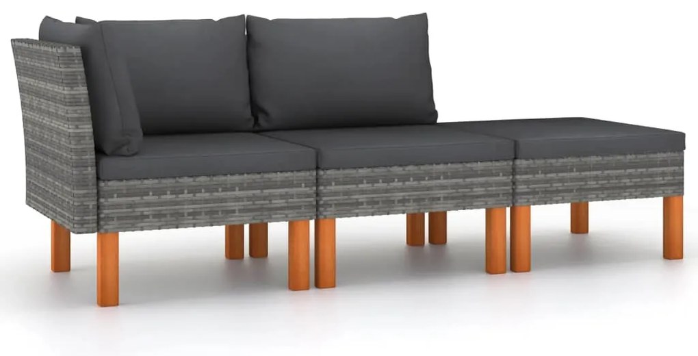 3 pcs conj. lounge jardim vime PE e madeira de eucalipto maciça