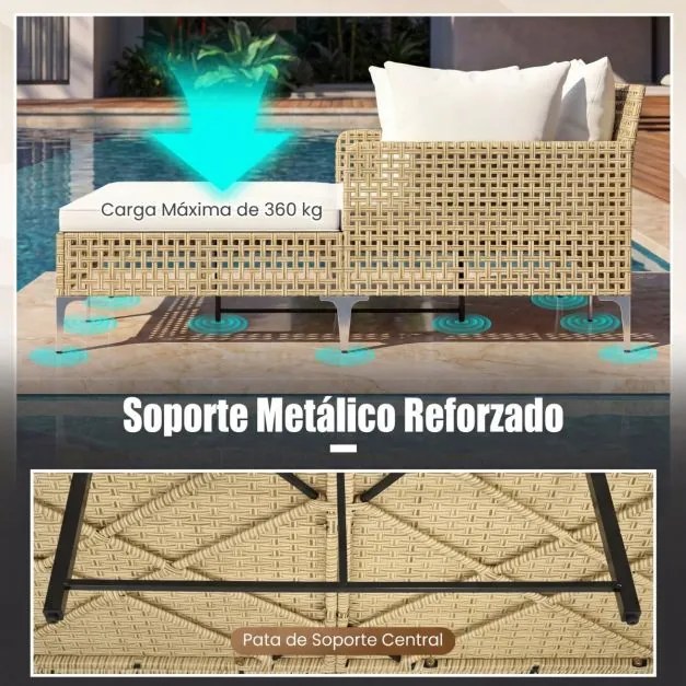 Espreguiçadeira cama dupla de rattan para jardim, para 2 pessoas, com almofadas de assento e encosto e estrutura metálica, para jardim, piscina e terr