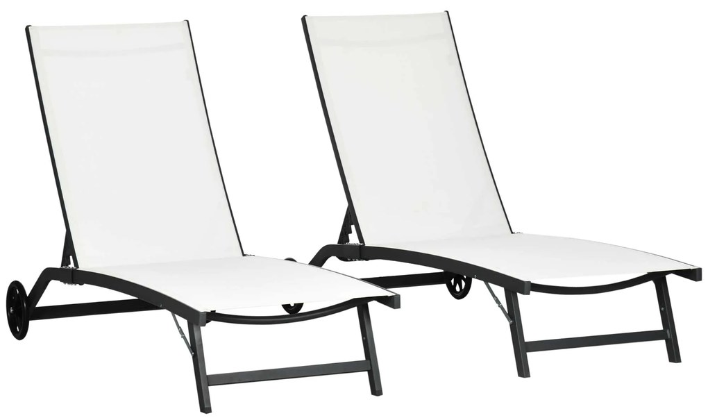 Outsunny Conjunto de 2 Espreguiçadeiras para Exterior com Encosto Ajustável em 5 Níveis e Rodas para Praia Piscina 165x66x102cm Branco e Preto