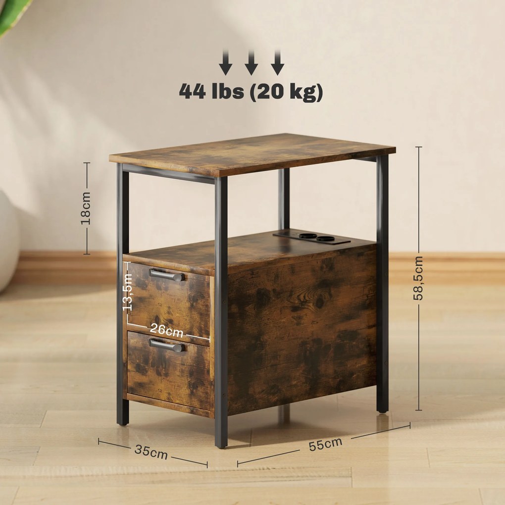 Mesa Auxiliar com Estação de Carga Entrada USB Tomada Elétrica 2 Gavetas e Prateleira 55x35x58,5 cm Castanho Rústico