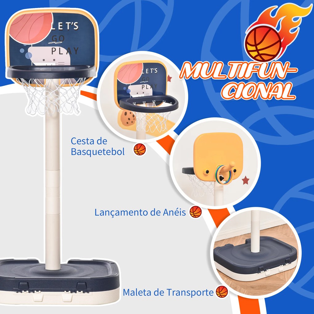 HOMCOM Tabela de Basquetebol Infantil 2 em 1 Tabela de Basquetebol Portátil com Jogo de Lançamento de Anéis e Altura Ajustável 96-110cm Acessórios Incluidos 58,5x56x137cm Azul e Branco