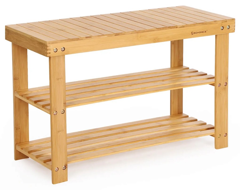 SONGMICS Banco de sapatos de bambu de 3 andares, organizador de armazenamento de sapateira, 70 x 28 x 45 cm, ideal para corredor, banheiro, sala de estar e corredor LBS04N