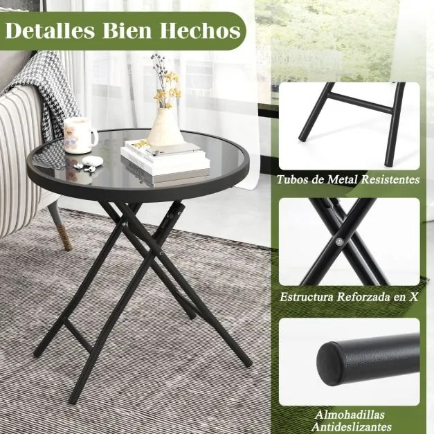 Mesa jardim redonda dobrável de 46 cm compacta com tampo de vidro temperado e estrutura metálica preta