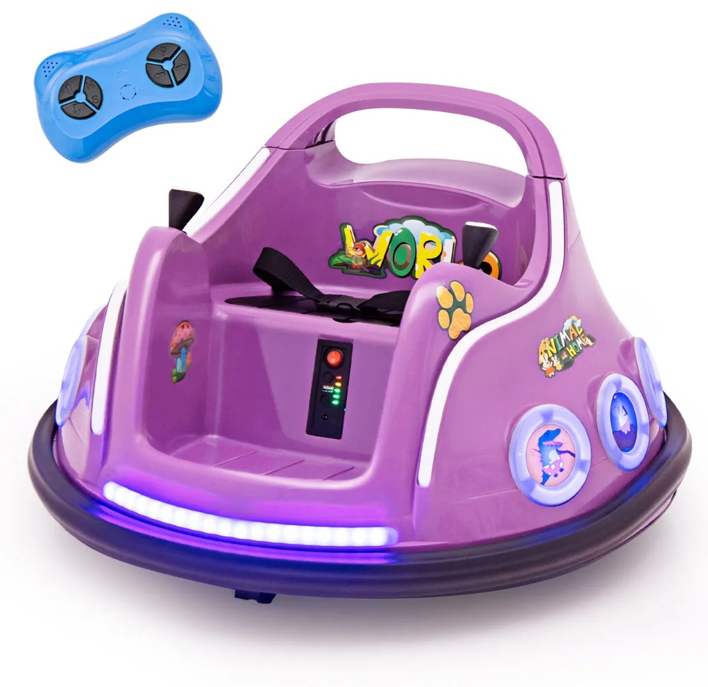 Carrinho de choques para crianças 12V com rotação de 360° Controlo remoto Luzes de controlo remoto Música incorporada 73 x 73 x 43cm Púrpura