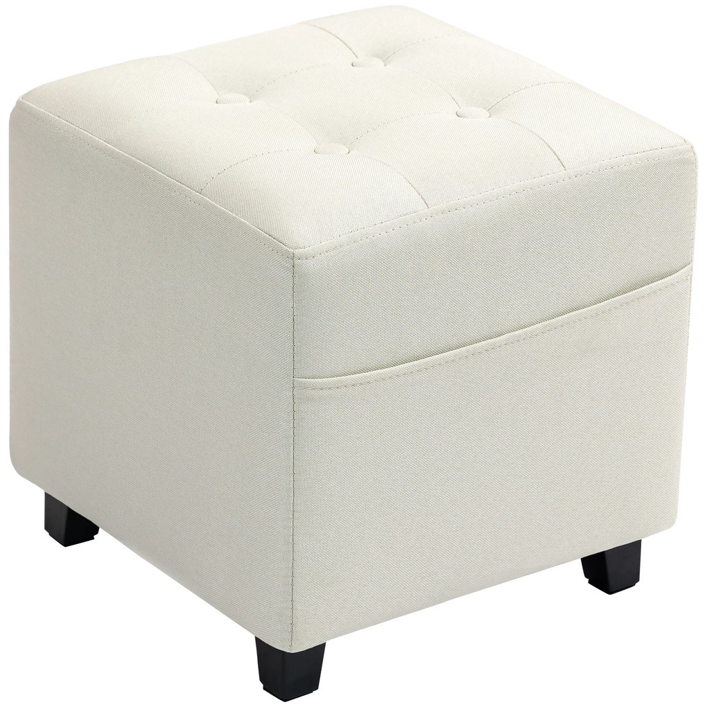 HOMCOM Apoio para os Pés Sala de Estar Banco Estofado em Linho com Bolso Lateral Tampa com Botões  35x35x35 cm Creme | Aosom Portugal