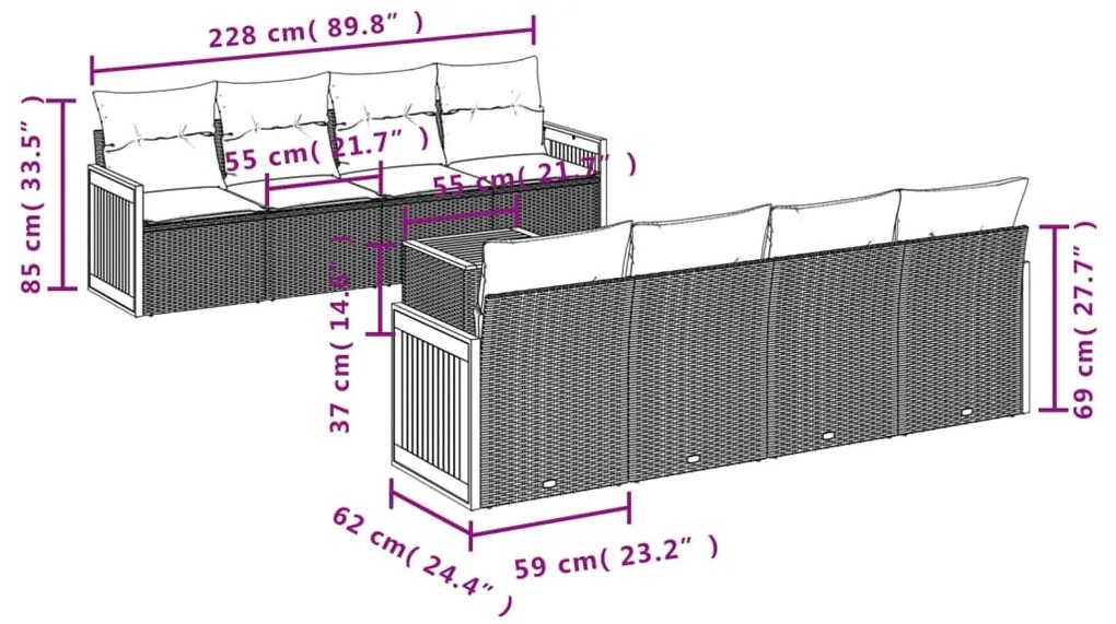 9 pcs conjunto de sofás p/ jardim com almofadões vime PE bege
