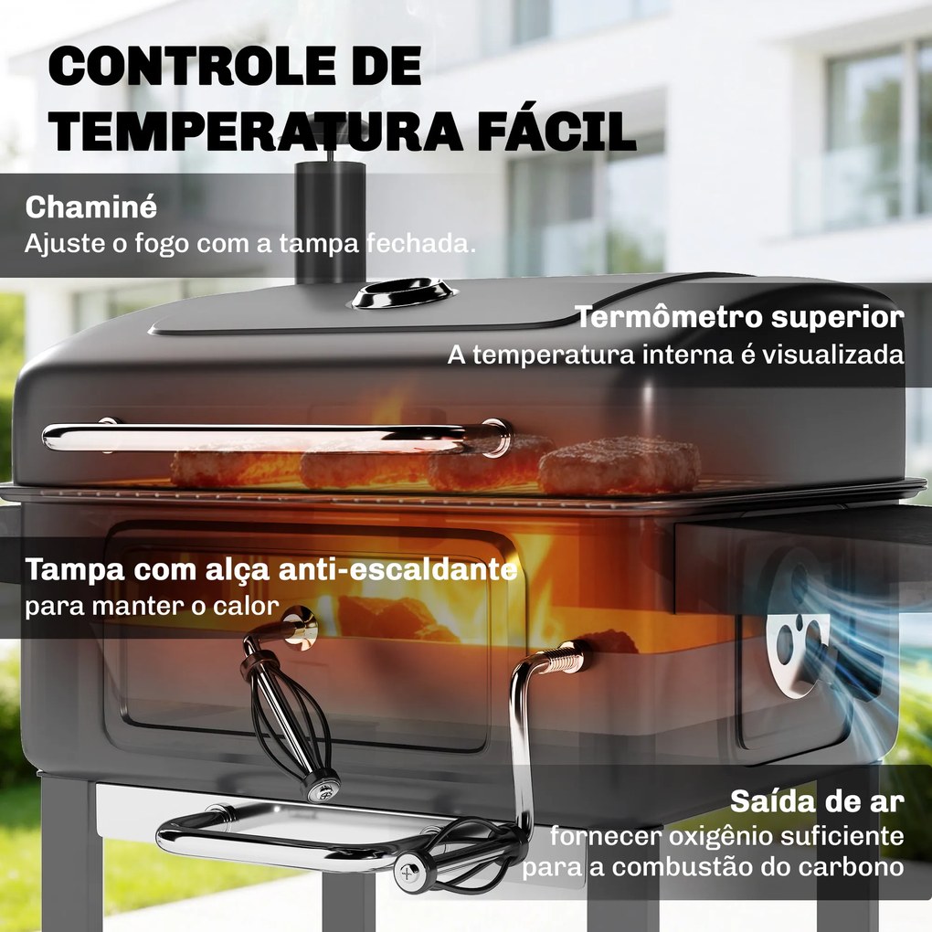Grelhador a Carvão Portátil com Bandeja e Ventilação Ajustável Grelha Grande Prateleiras Laterais Termómetro 112x65x115 cm Preto