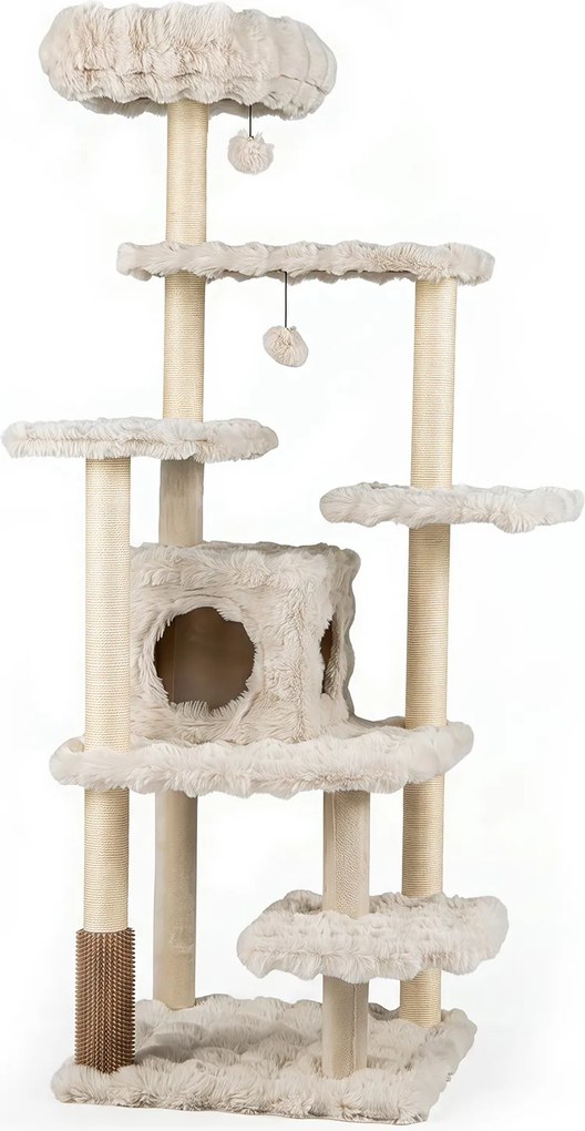 Arranhador para Gatos com Vários Níveis, 86 x 82 x 170 cm, Seis Plataformas e Casota, Bege