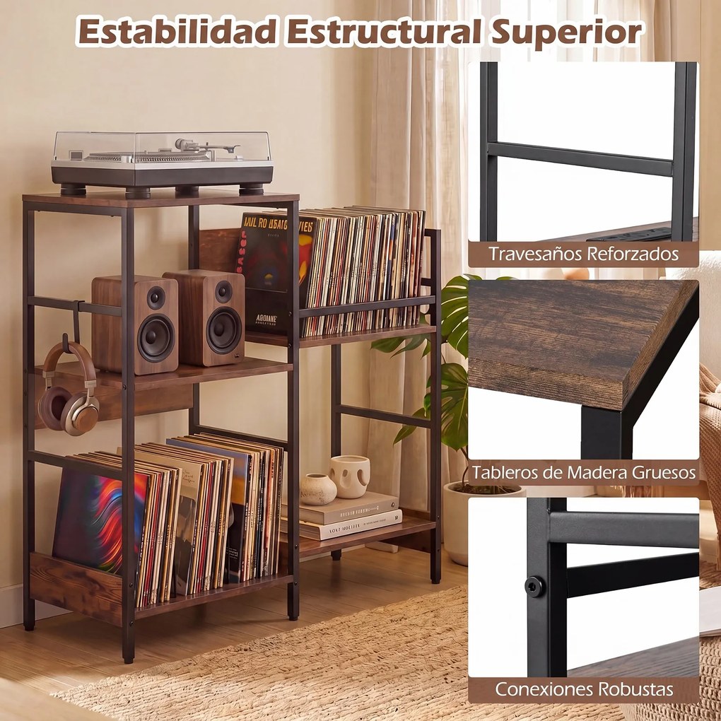 Móvel para Gira-Discos, 78 x 30 x 78 cm, Estação de Carregamento Integrada, Castanho