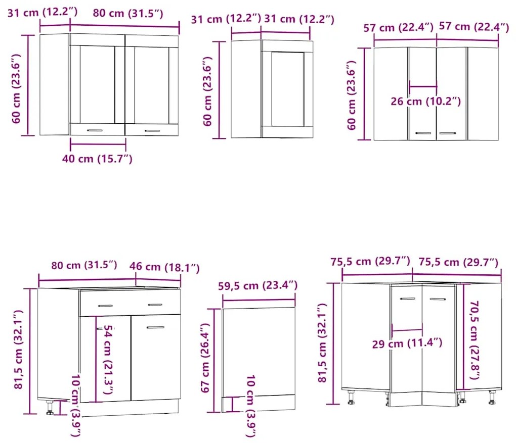 11 pcs armário de cozinha conjunto deriv. madeira madeira velha