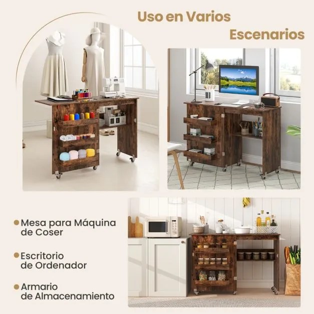 Mesa de costura dobrável com prateleira, 3 compartimentos ocultos e rodas bloqueáveis, 118,5 x 40 x 79,5 cm, castanho