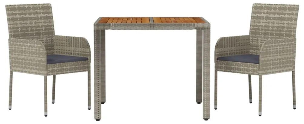 3 pcs conjunto de jantar p/ jardim c/ almofadões vime PE cinza