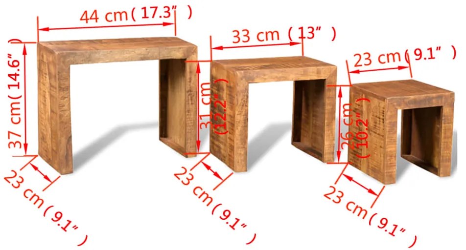 Conjunto mesas de encastrar 3 pcs madeira de mangueira maciça