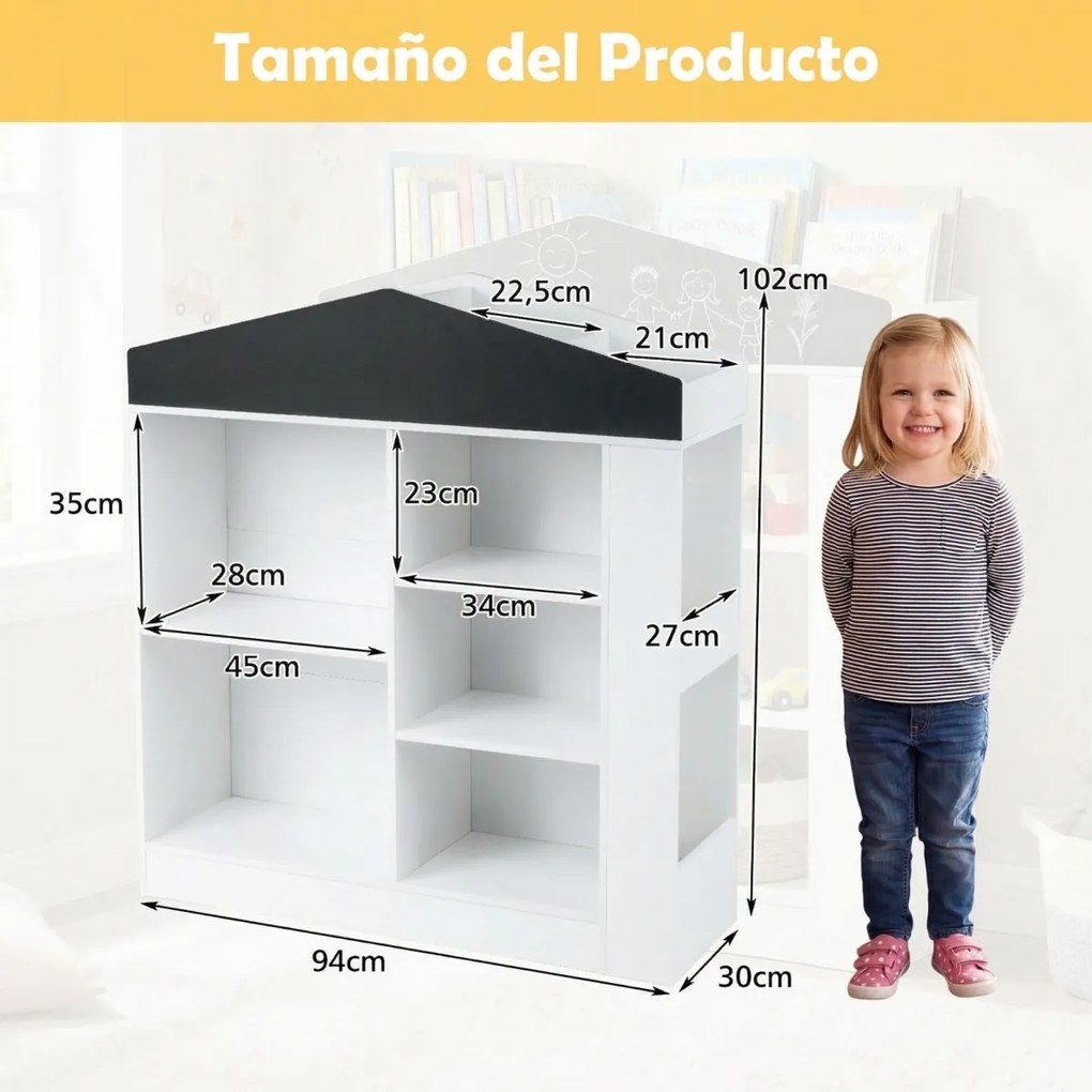 Estante infantil em forma de casa 94 x 30 x 102 cm com 11 compartimentos abertos para quarto, sala de jogos ou creche – Branca