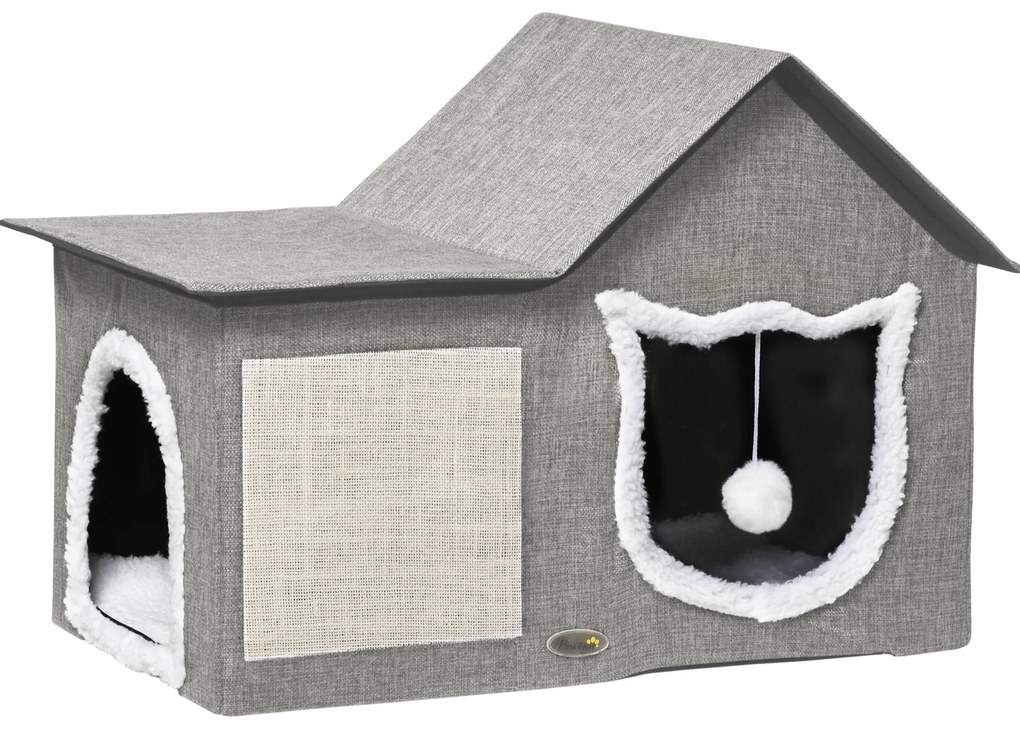 PawHut Casa para Gatos com Almofada para Arranhar almofada Macia e Bola Suspensa 65x41x45,5 cm Cinza