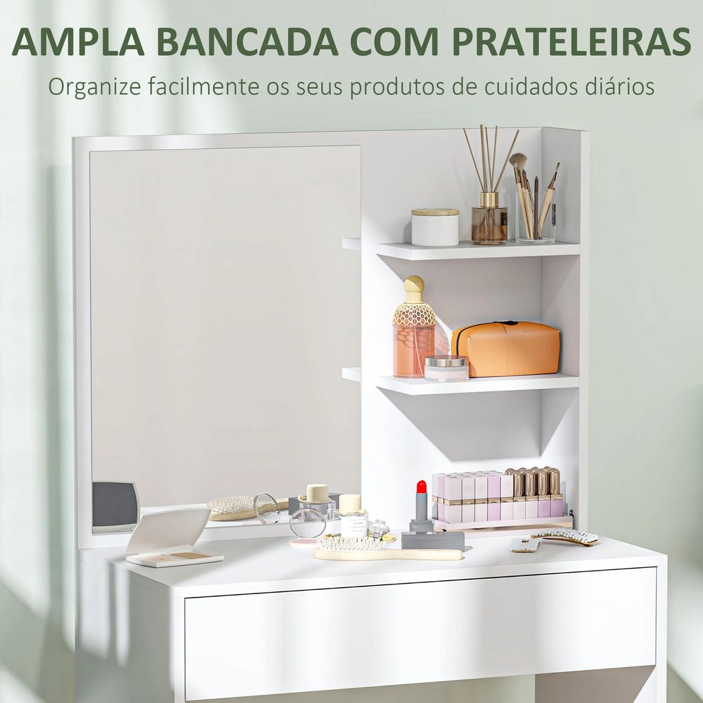 Toucador de Maquilhagem com Espelho Mesa de Maquilhagem com Gaveta e Prateleiras Abertas  75x40x137 cm Branco