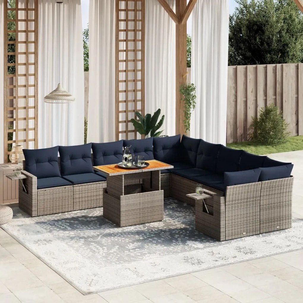vidaXL 11 pcs conjunto sofás de jardim c/ almofadões vime PE cinzento