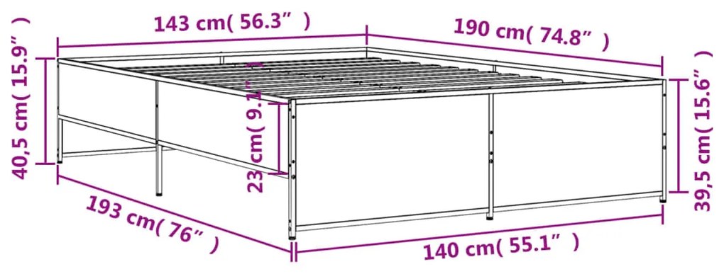 Estrutura de cama 140x190 cm derivados madeira/metal