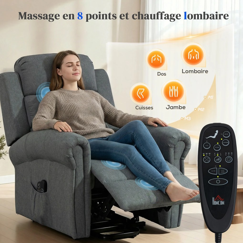 Poltrona Elevatória Elétrico, 87,5 x 87 x 108 cm, Massagem e Aquecimento, Cinzento