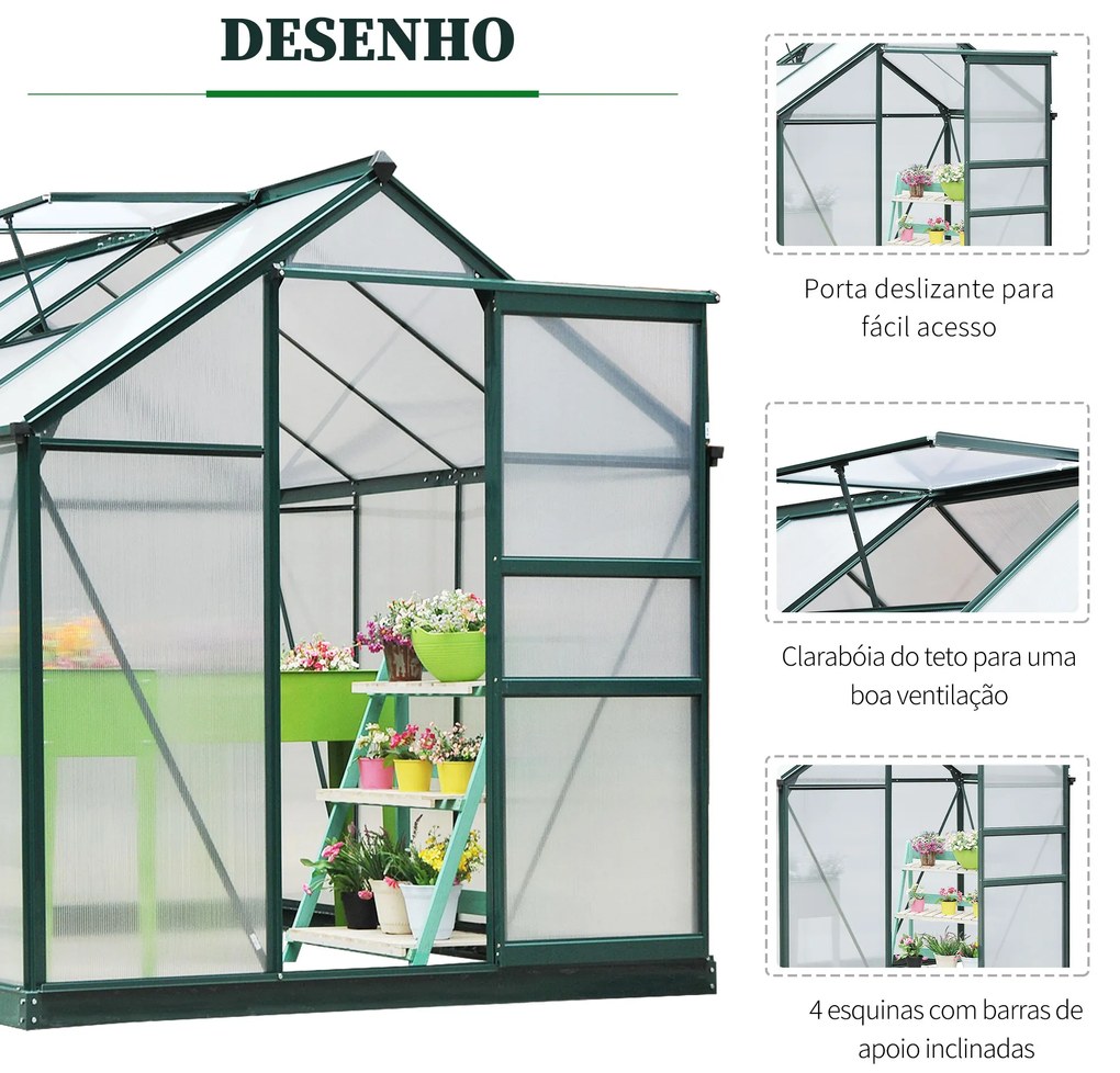Outsunny Estufa de Jardim 2x2,5m de Policarbonato e Alumínio Estufa com Clarabóia Proteção UV 30 e Base 4,79 m² para Vasos Cultivos de Plantas e Flores Transparente