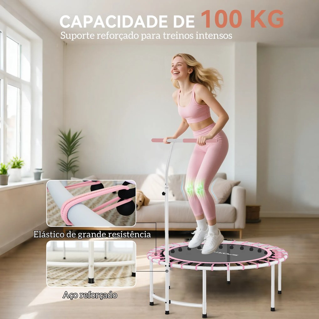 Trampolim de Fitness Adultos Ø102 cm com Pega Ajustável de 5 Níveis Estrutura em Aço para Treino de Pernas Corpo Rosa