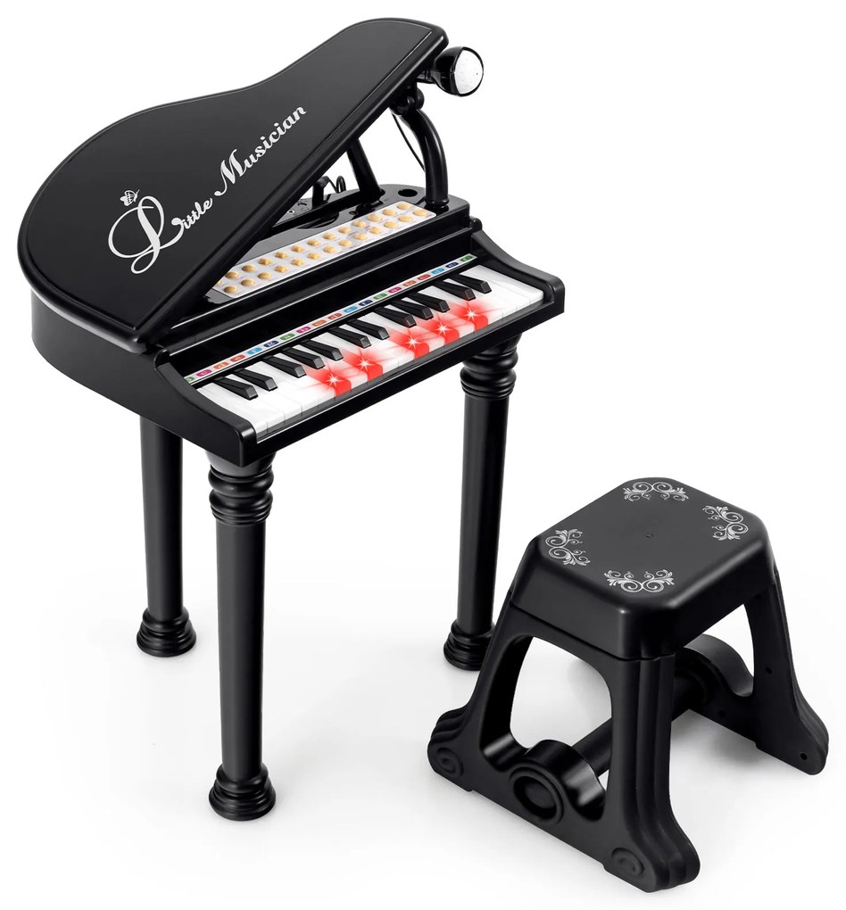 Teclado de piano infantil com 31 teclas, banco, microfone e tampa de piano - rosa