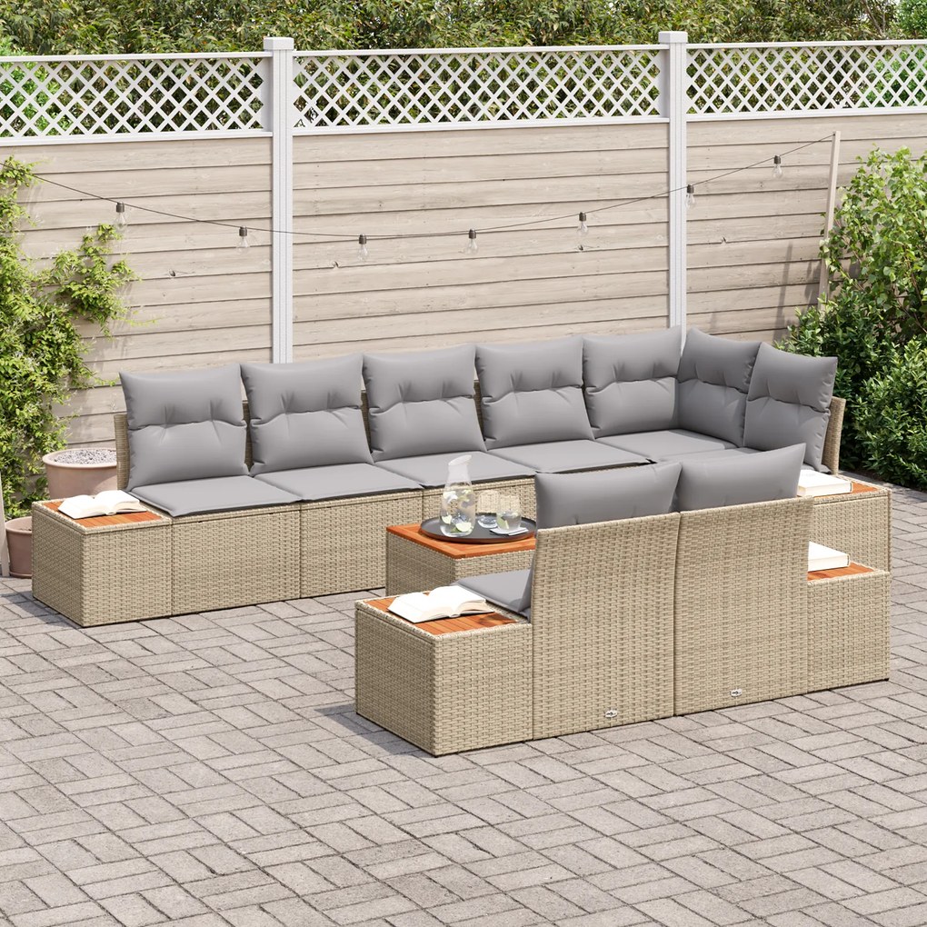 Conjunto de Sofá de Jardim vidaXL 9 Peças com Almofadas Bege Rattan Si