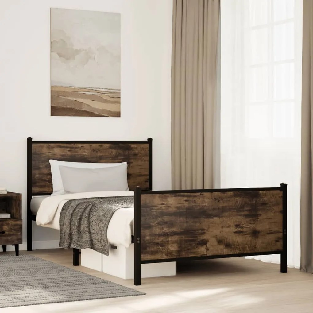 vidaXL Estrutura de cama sem colchão 100x200 cm metal carvalho fumado
