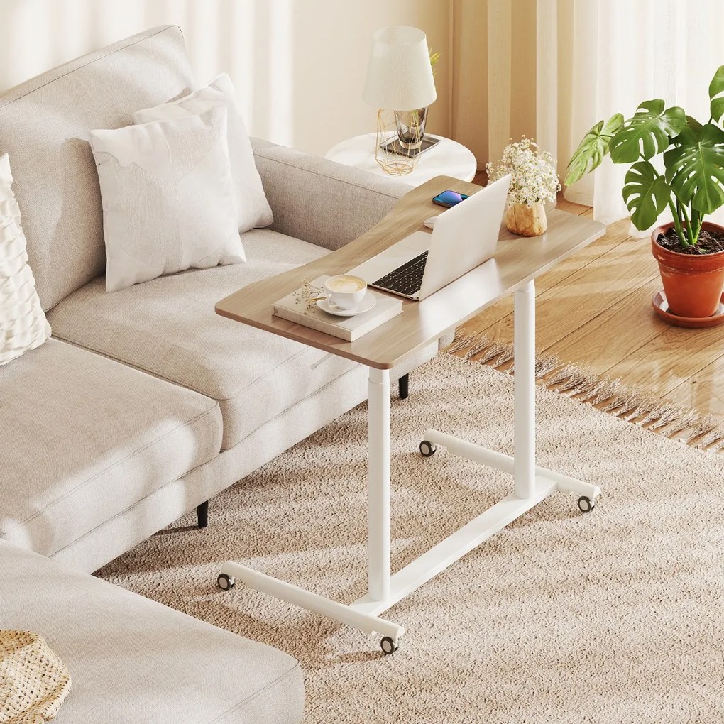 Secretária com altura ajustável em C 95 x 52 x 70-106 cm com rodas bloqueáveis e estrutura metálica para escritório Natural