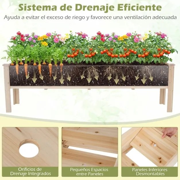 Floreira elevada de madeira retangular 240 x 43,5 x 51,5 cm com pés e orifícios de drenagem para horta urbana exterior, ideal para legumes e flores –