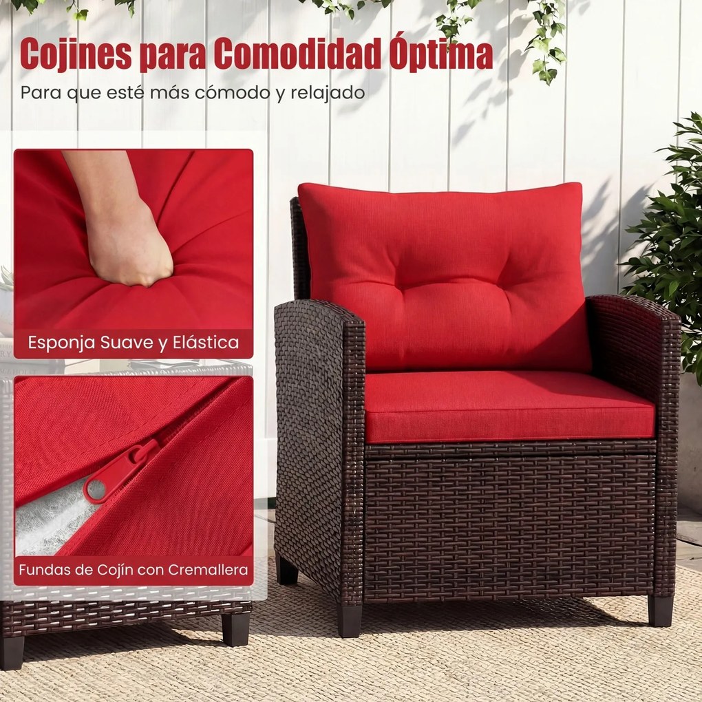 Conjunto de 3 Peças de Bistró Exterior com 2 Cadeiras e Mesa Auxiliar, 67 x 64 x 77 cm, Rattan PE Entrançado à Mão, Castanho e Vermelho
