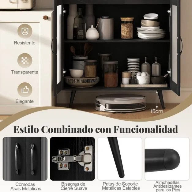 Armário despensa de cozinha 80 x 40 x 178,5 cm, com 4 portas transparentes e prateleira ajustável preta