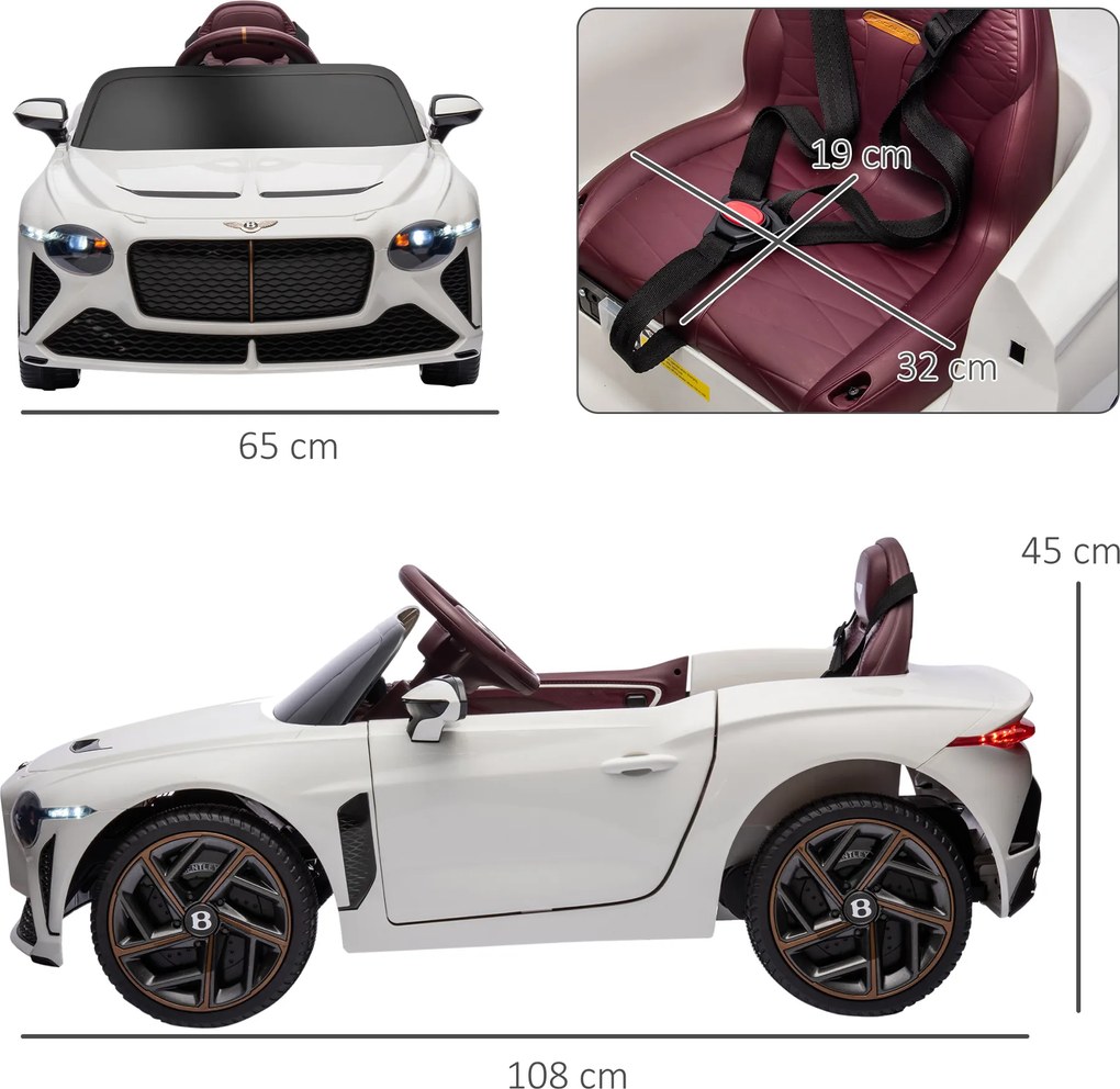 Carro elétrico para crianças dos 3 aos 5 anos, 2 motores, 12 V, 25 W, 3-5 km/h, comando à distância de 2,4 GHz, Bentley Bacalar branco