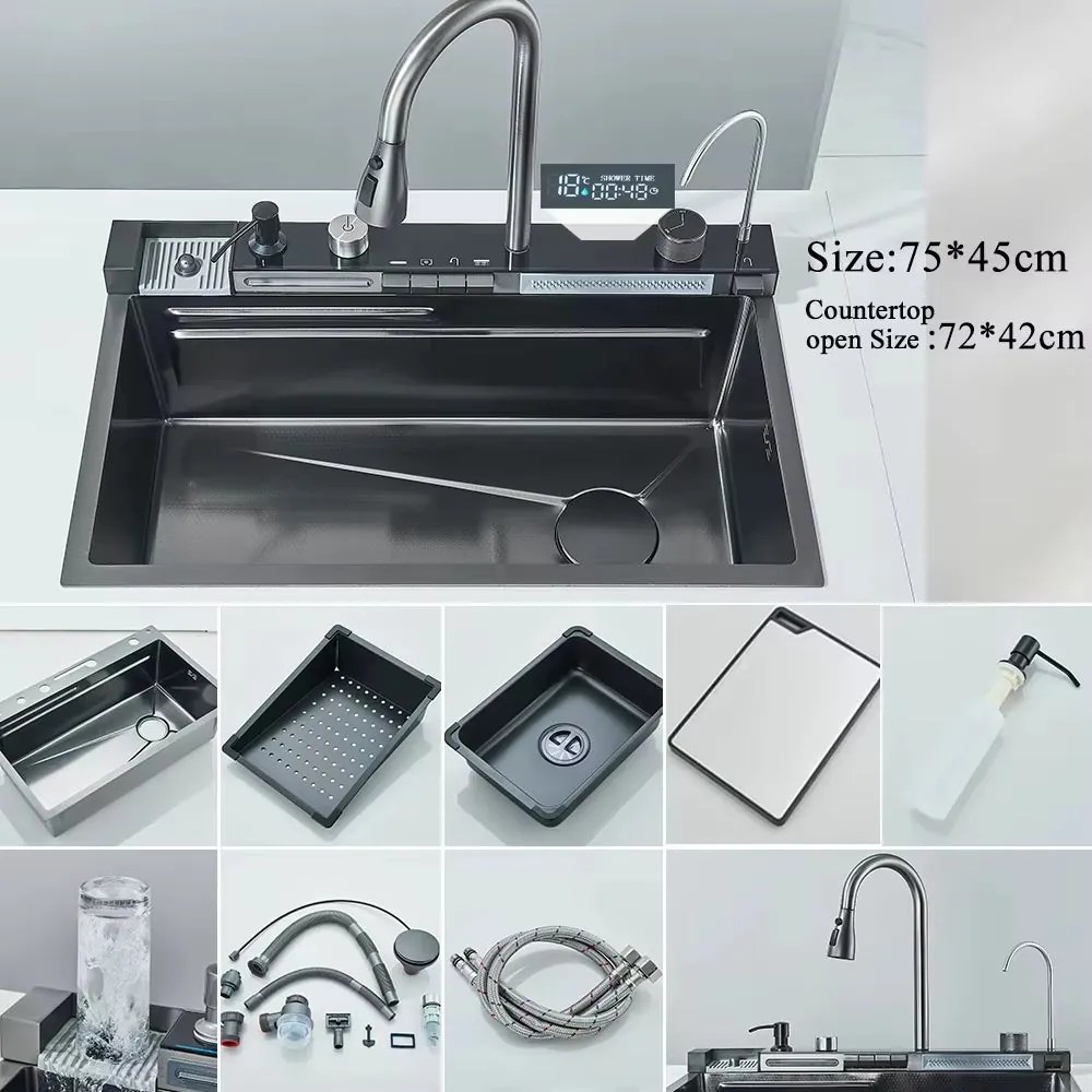 Lava-Loiça de Cozinha em Aço Inoxidável 304 com Cascata e Display Digi