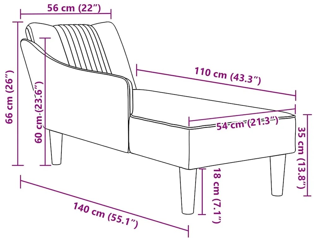 Chaise-longue com apoio de braço direito veludo rosa