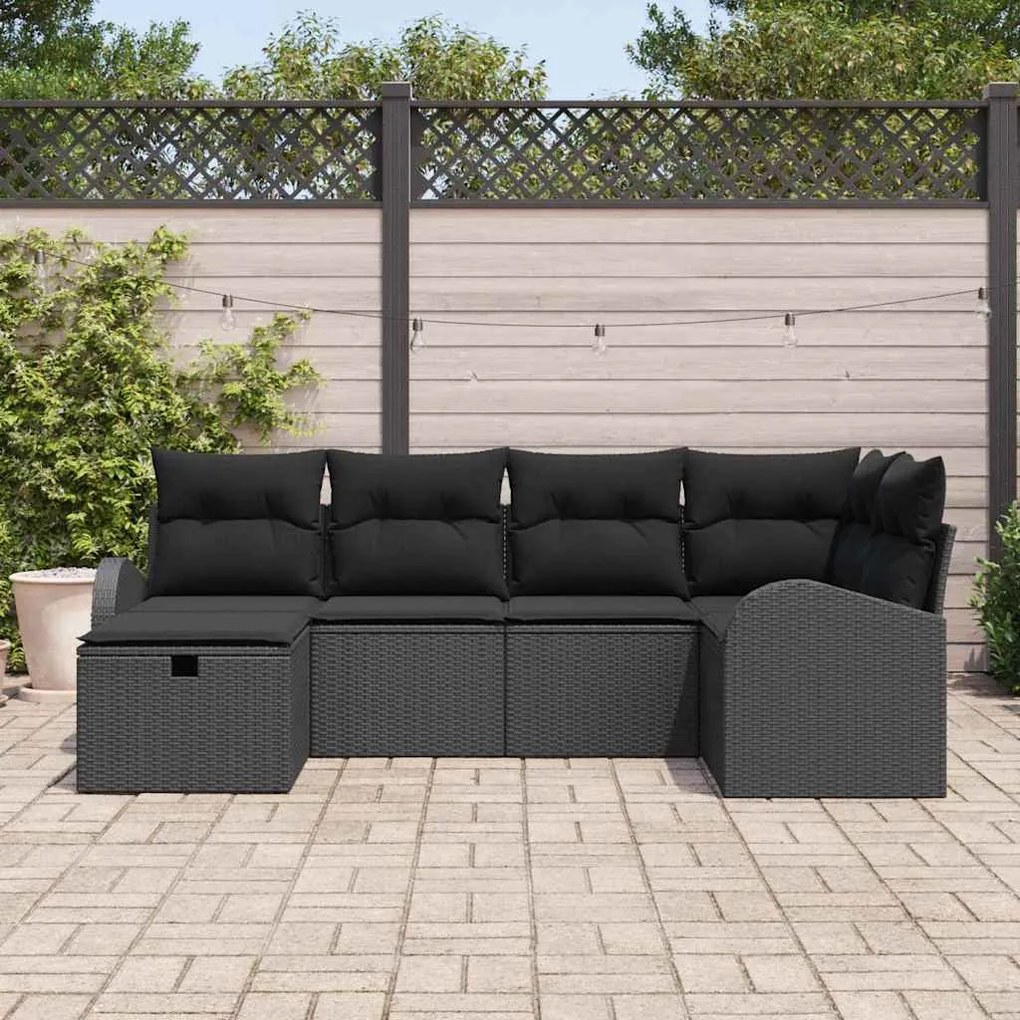 Conjunto de Sofá de Jardim de 6 Peças com Almofadas Preto Poliratã