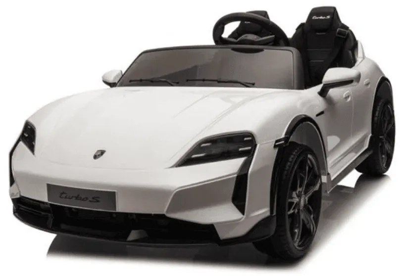 Carro elétrico infantil 24v Porsche Taycan - Turbo S, 2 lugares, Pneus de borracha, assento em couro sintético Branco